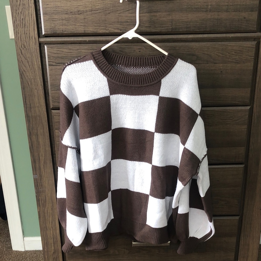 SHEIN Brown and White Checkered Sweater
